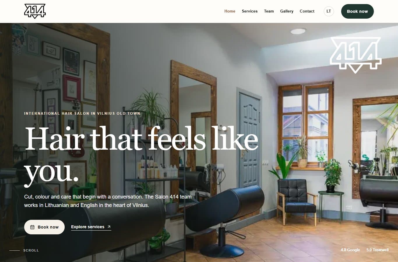 Actual desktop capture of Salon 414’s homepage showing its navigation, salon introduction and booking and service links