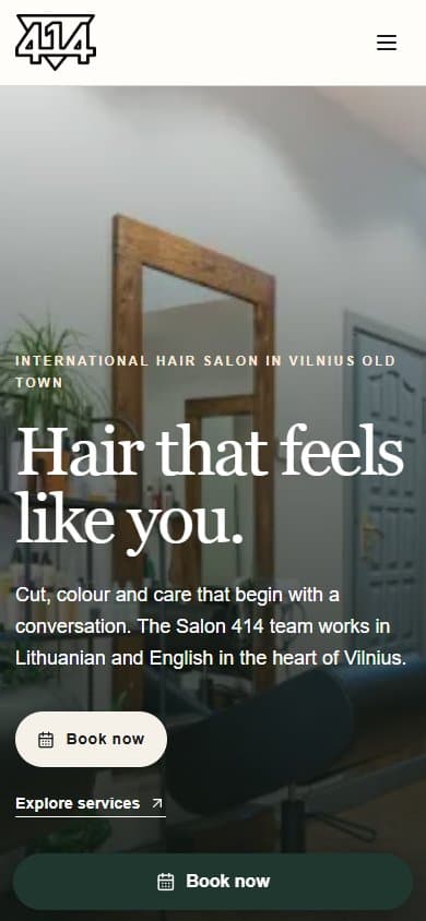 Actual mobile capture of Salon 414’s homepage, showing its narrow-screen navigation and introductory content